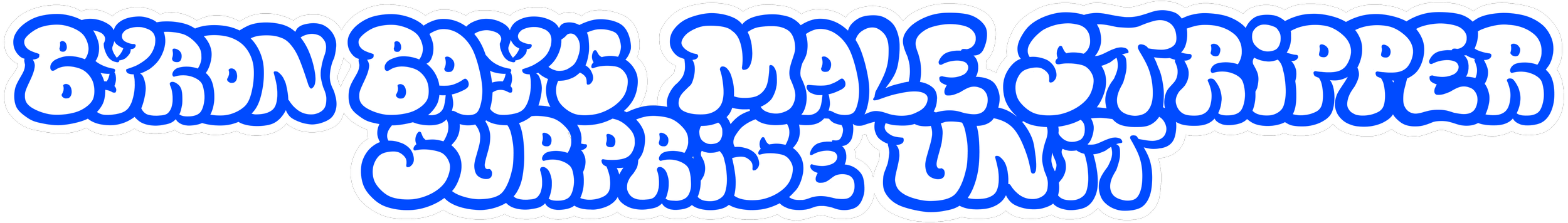 Blue stylised font that says "Byron Bay's Male Stripper Surprise Unit"