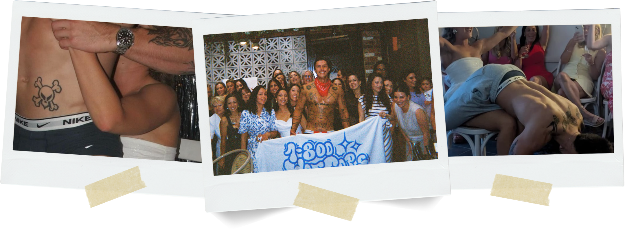 Polaroid-style collage of a 1-800 HOT COPS “HotCop” male stripper show in Melbourne with party crowd moments and group energy.