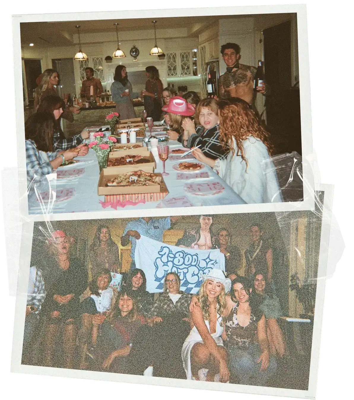 a group of hens celebrating with a cozy dinner party in Central West NSW with a topless waiter nearby serving drinks
