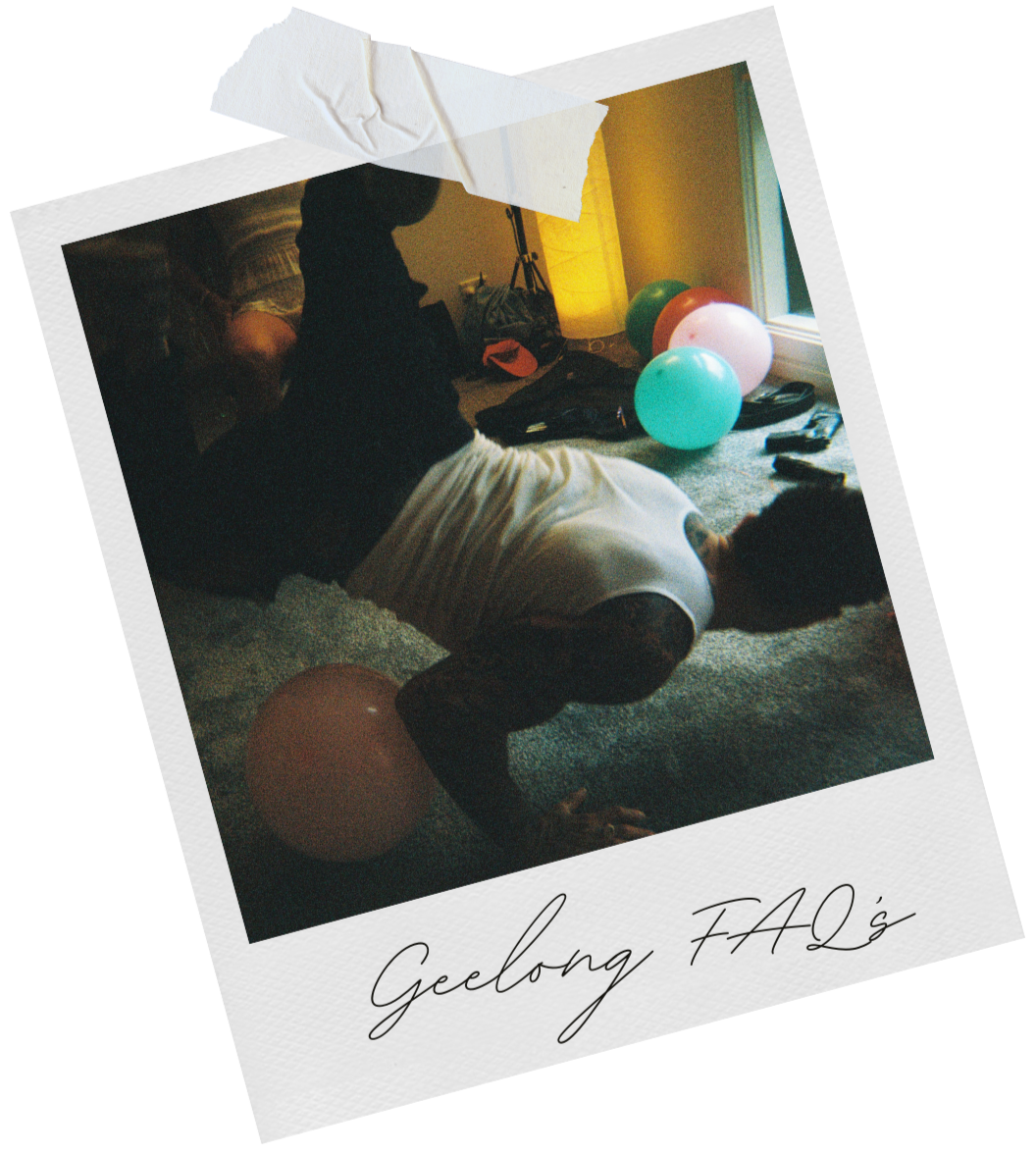 Geelong and Surf Coast male stripper FAQs section with accordion questions and a polaroid photo from a party show.