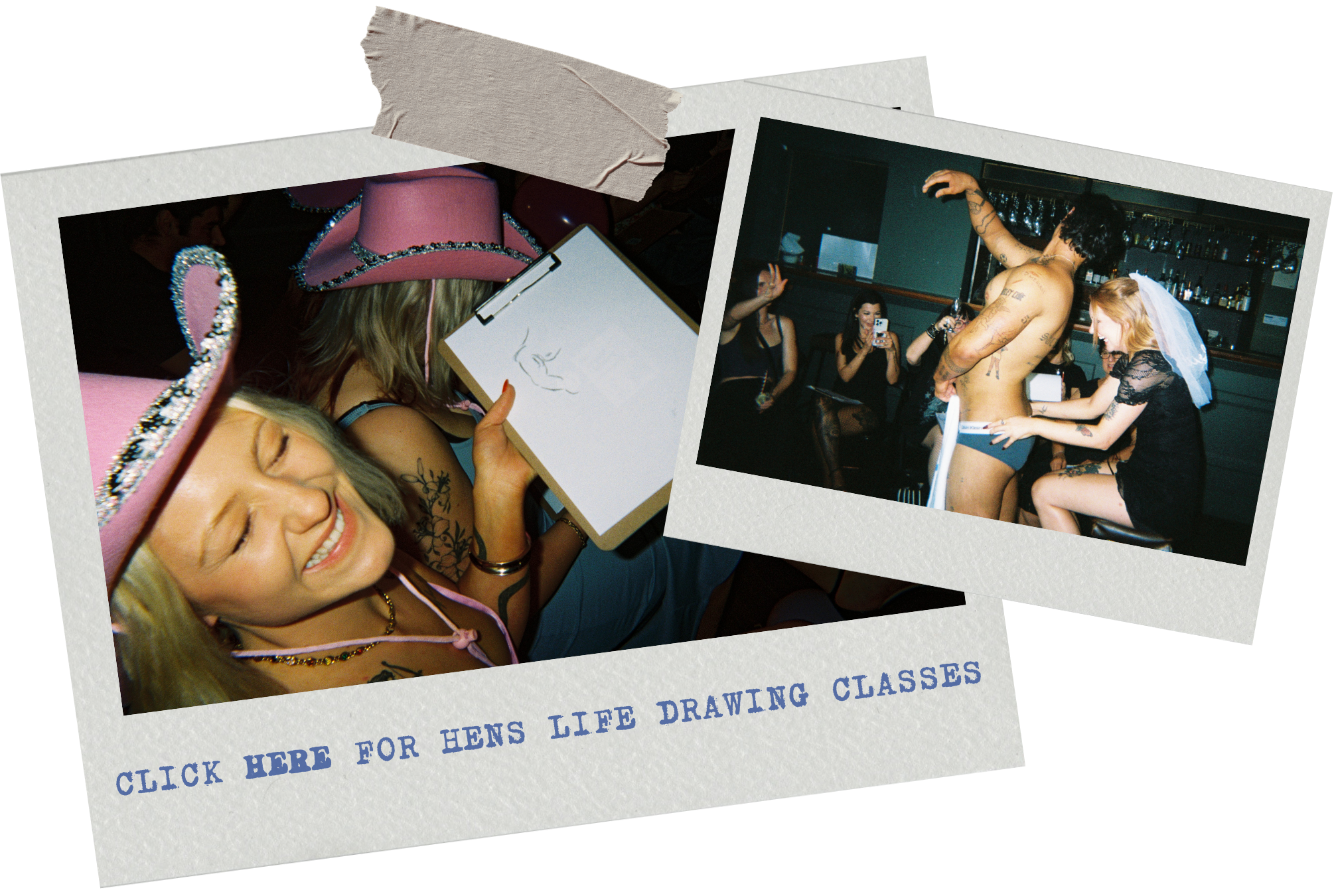 Hens life drawing class in Sydney - bride in pink cowboy hat sketching a male model at a 1-800 HOT COPS hens party