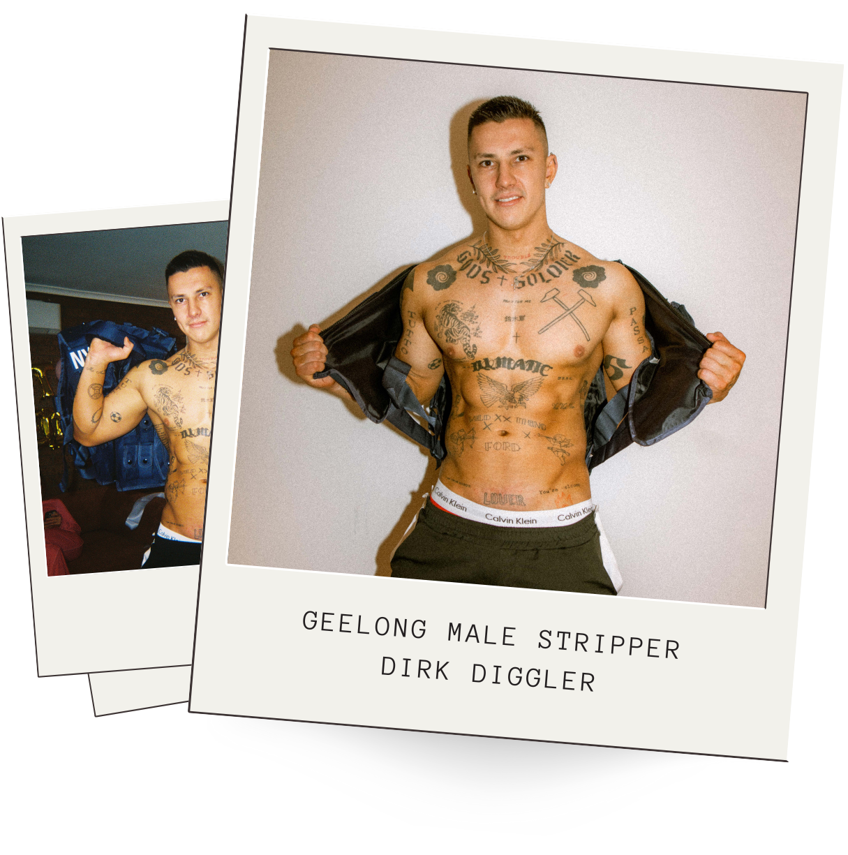 Dirk Diggler performer spotlight for Geelong male strippers - portrait and action photo in a polaroid-style layout.