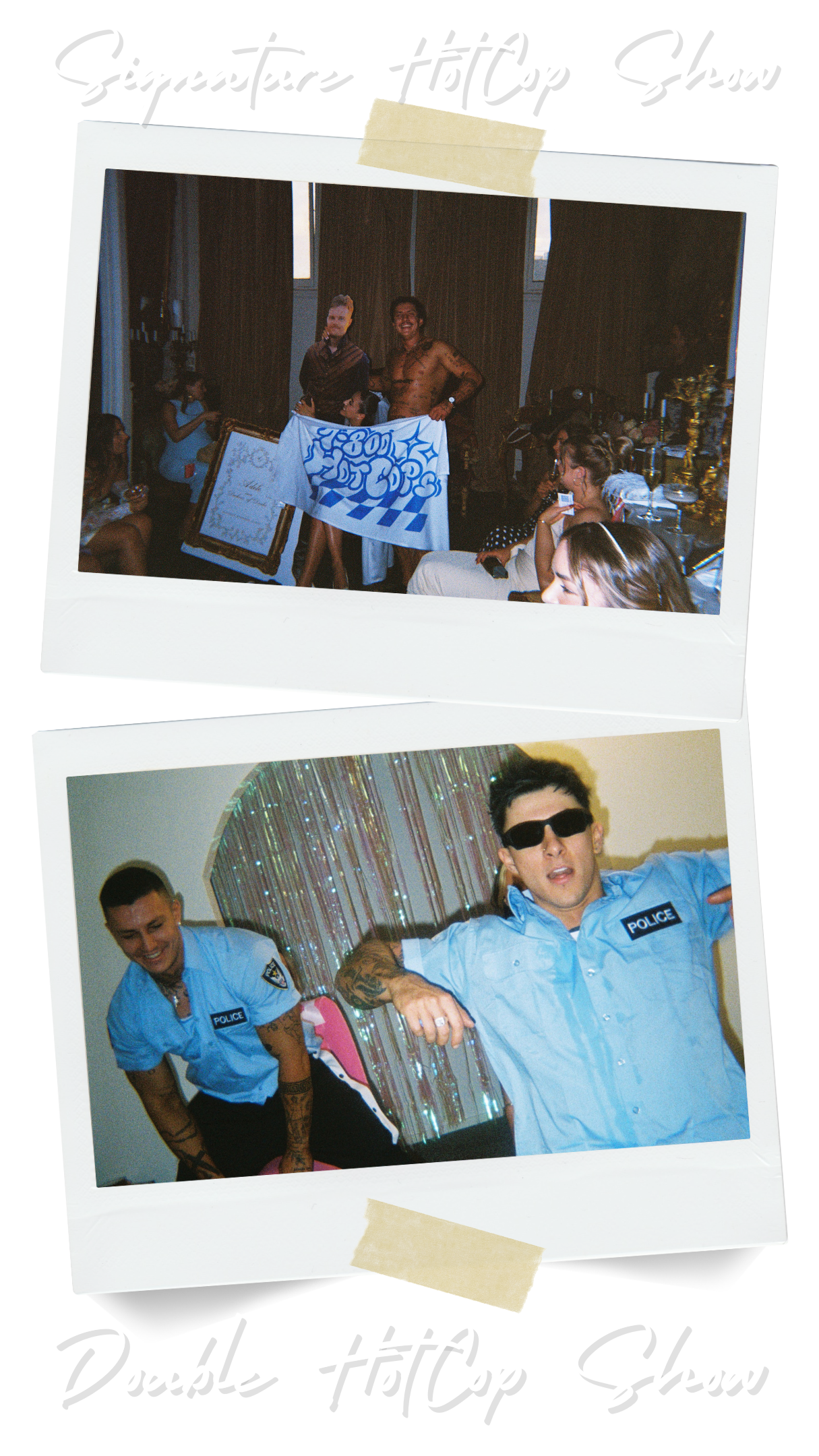 Geelong male stripper packages infographic showing HotCop Package A and Double HotCop Raid Package B with show lengths, inclusions, and add-ons.