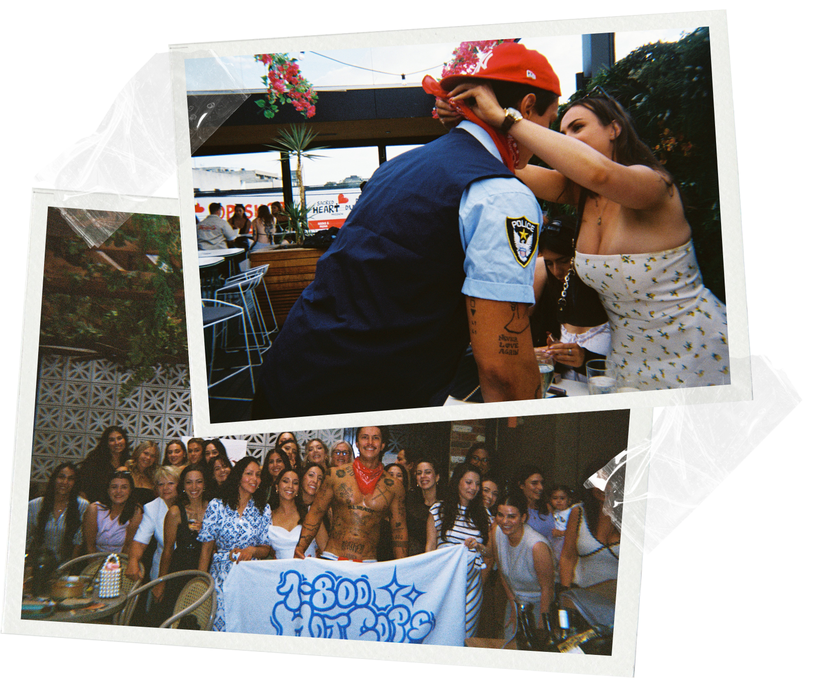 Hens party performer following a 1-800 HOT COPS male strip show in the Gold Coast with all the hens gathered around for a group photo