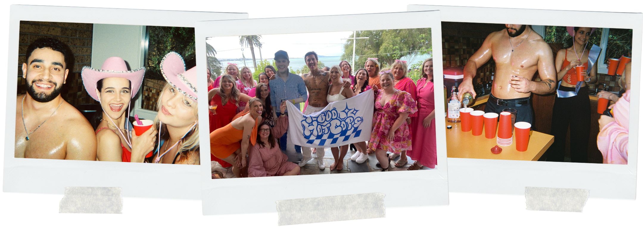 Topless waiter and hens party guests posing for fun polaroid-style photos at a private party in Australia.