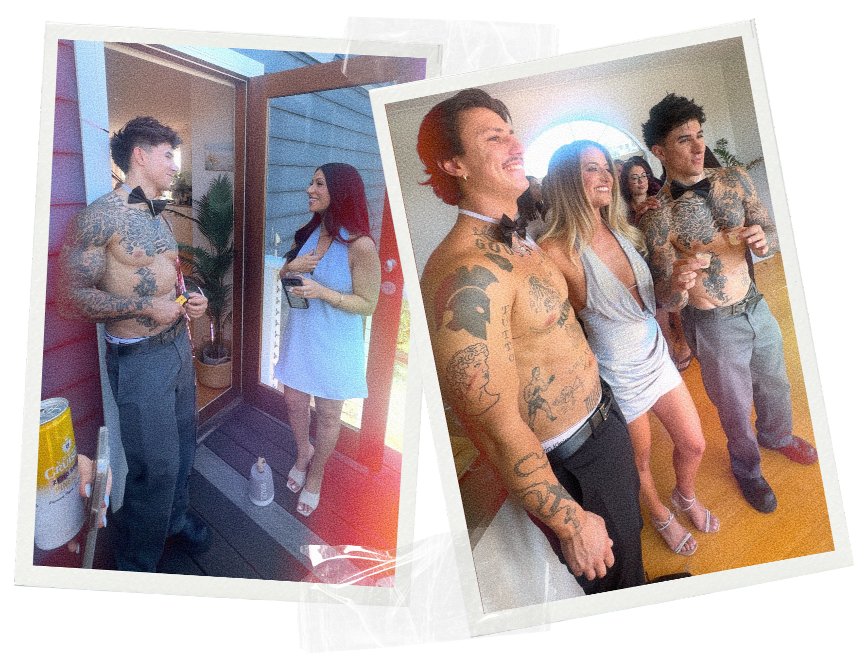 Topless waiters interacting with bridesmaids and posing with guests at a hens party in Brisbane