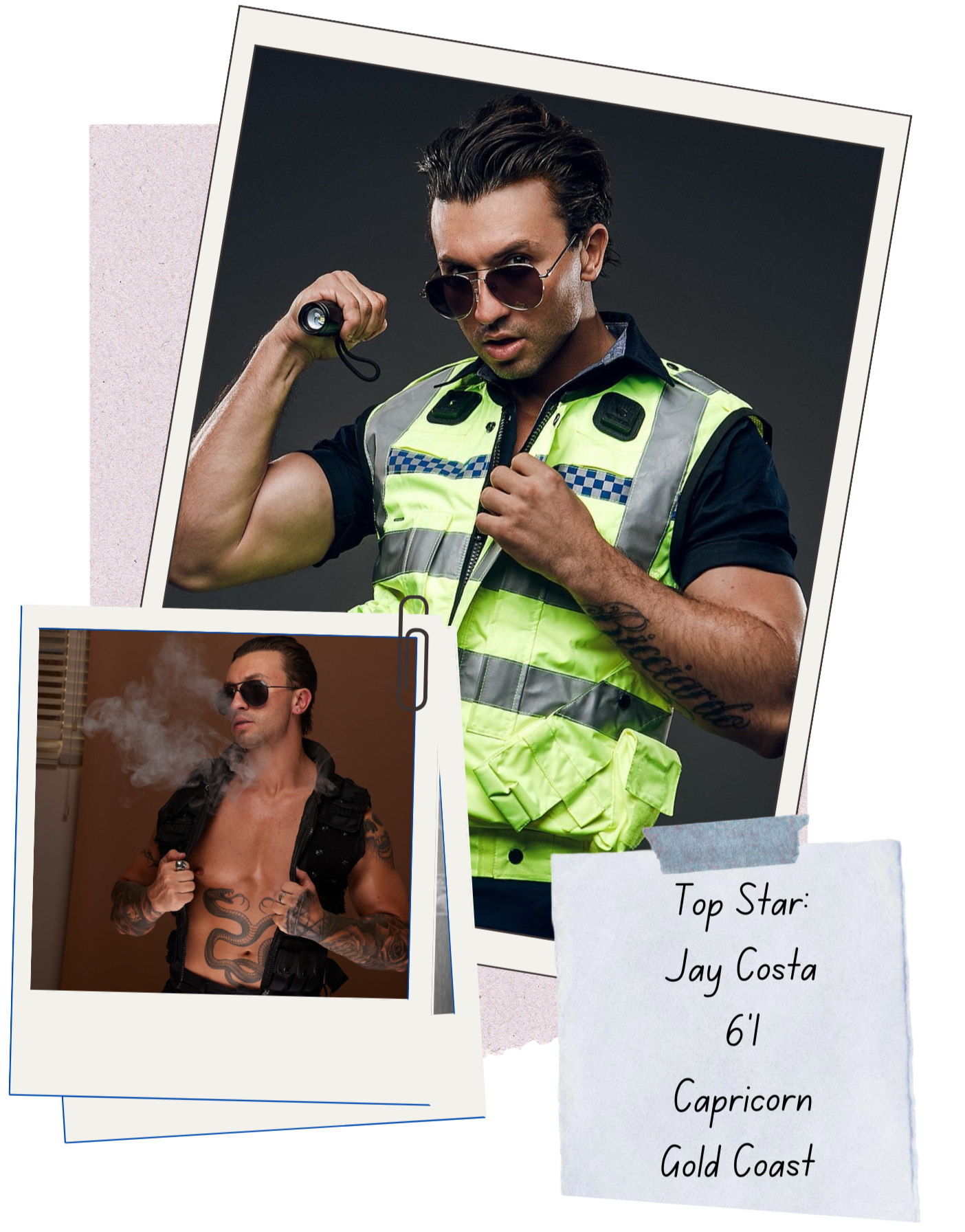 Gold Coast male stripper Jay Costa in police-style uniform, featured as a performer spotlight with a smaller performance photo inset.