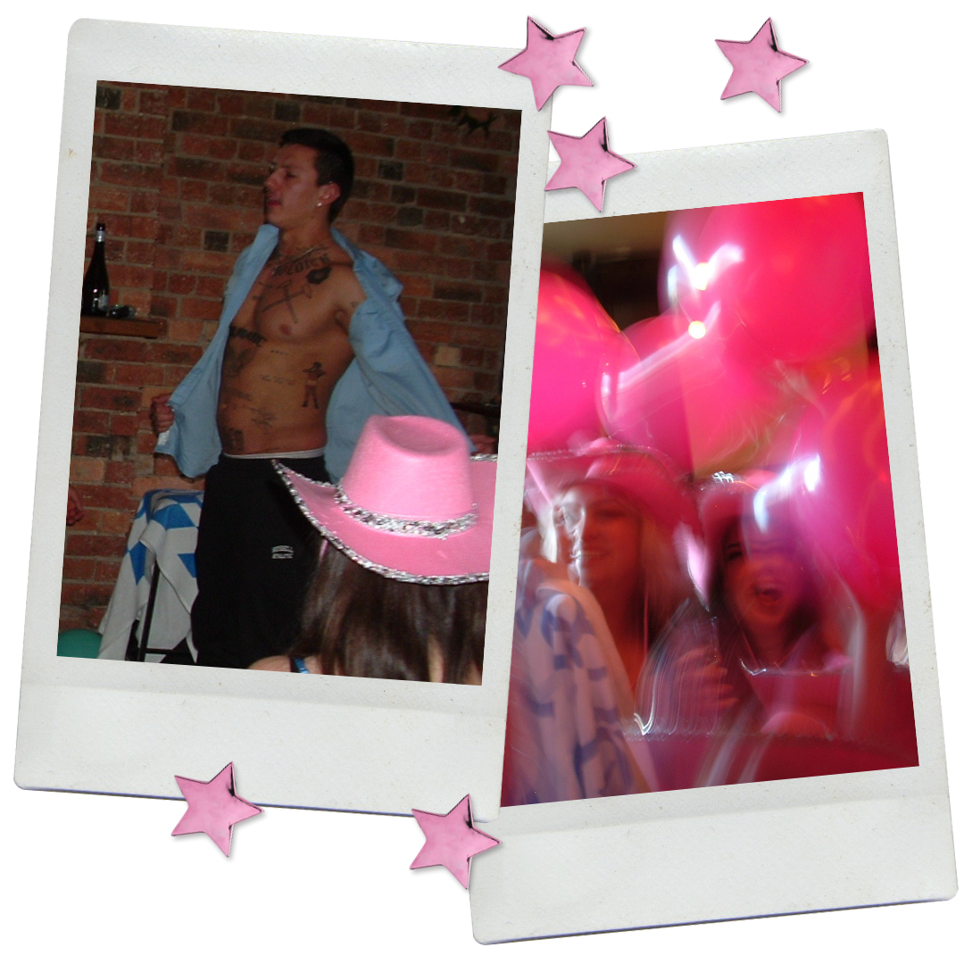 Gold Coast service-area graphic for male stripper bookings, with Polaroid photos and a list of suburbs including Surfers Paradise, Broadbeach and Burleigh Heads.