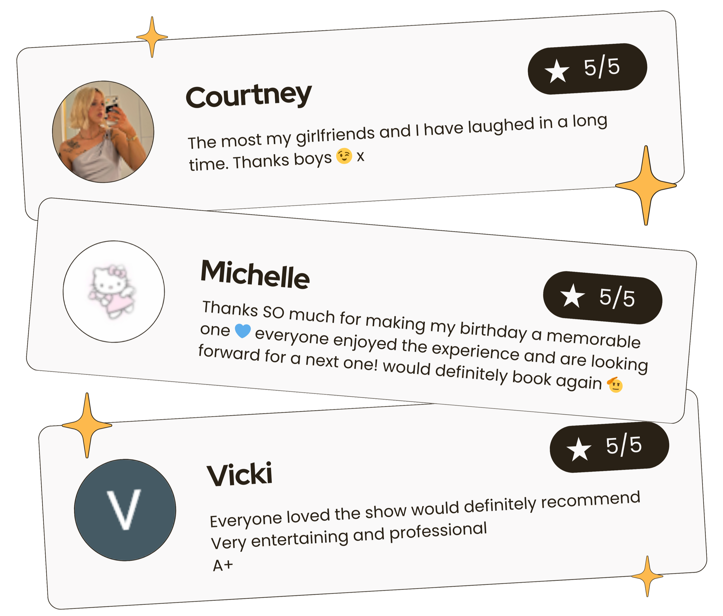 a collection of three different five star reviews left by customers of 1-800 hot cops after booking hens party and bridal shower entertainment in Perth