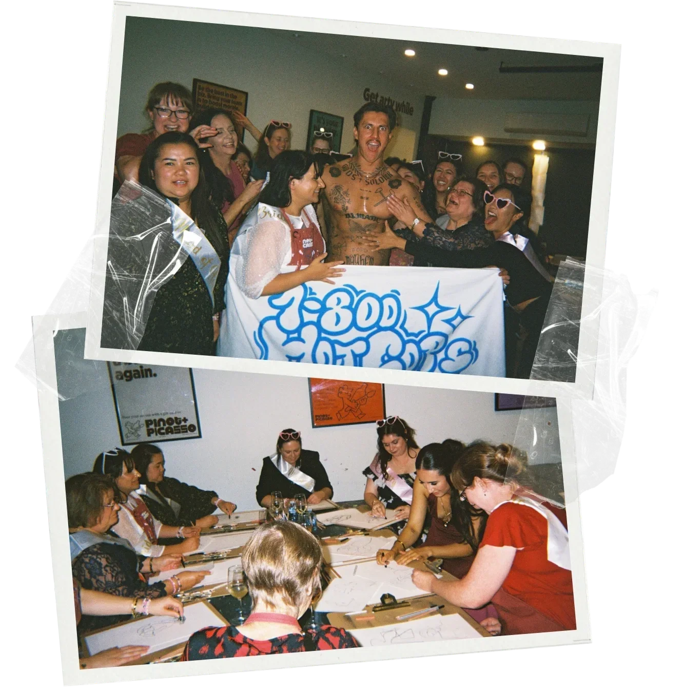 1-800 HOT COPS hens life drawing class in Sydney — guests sketching a professional model at a private hens party.