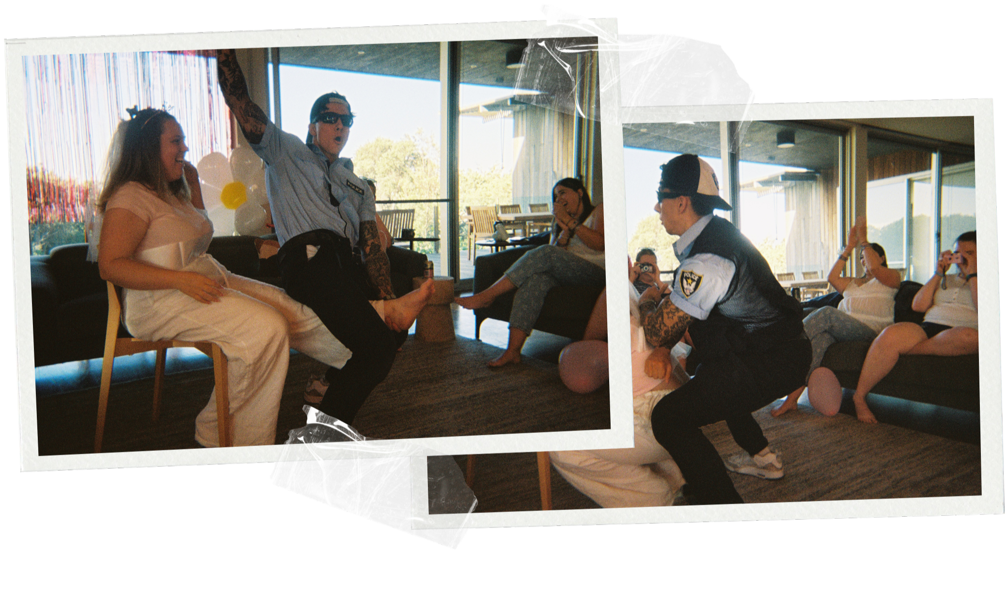 Candid shot of a 1-800 HOT COPS male stripper performing their signature male strip show on a bride in a Newcastle airbnb while the rest of the hens watch and cheer along