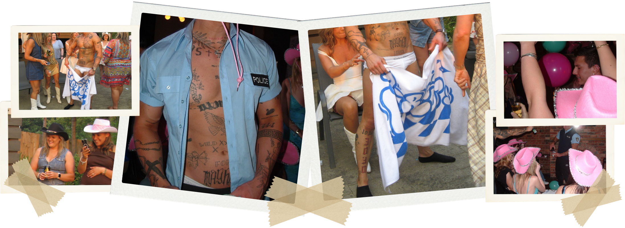 Polaroid-style collage of a police-themed male stripper arriving at a Gold Coast hens party, with guests cheering at a private accommodation.