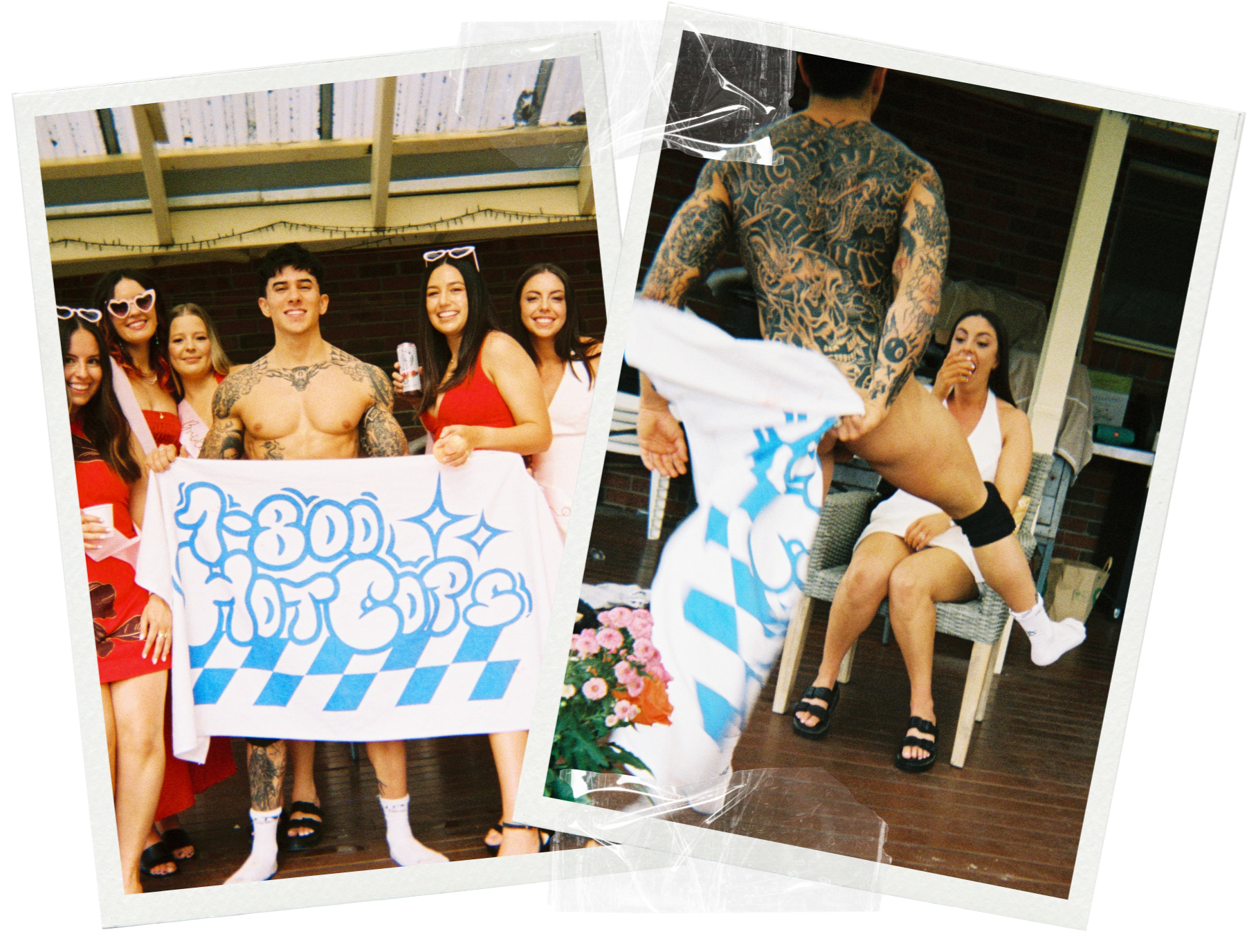 Collage of a candid shot and group photo from a 1-800 HOT COPS Signature Male Stripper Show at a hens party in Perth