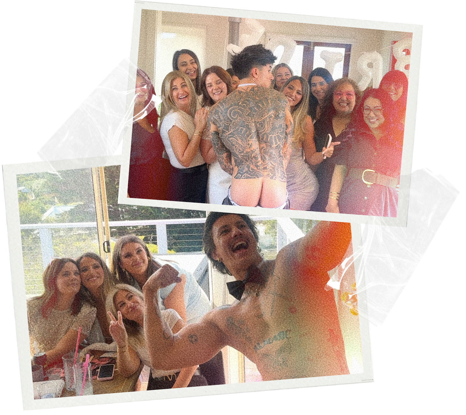 Two topless waiters taking selfies and group photos with brides and bridesmaids at a hens party in Toowoomba