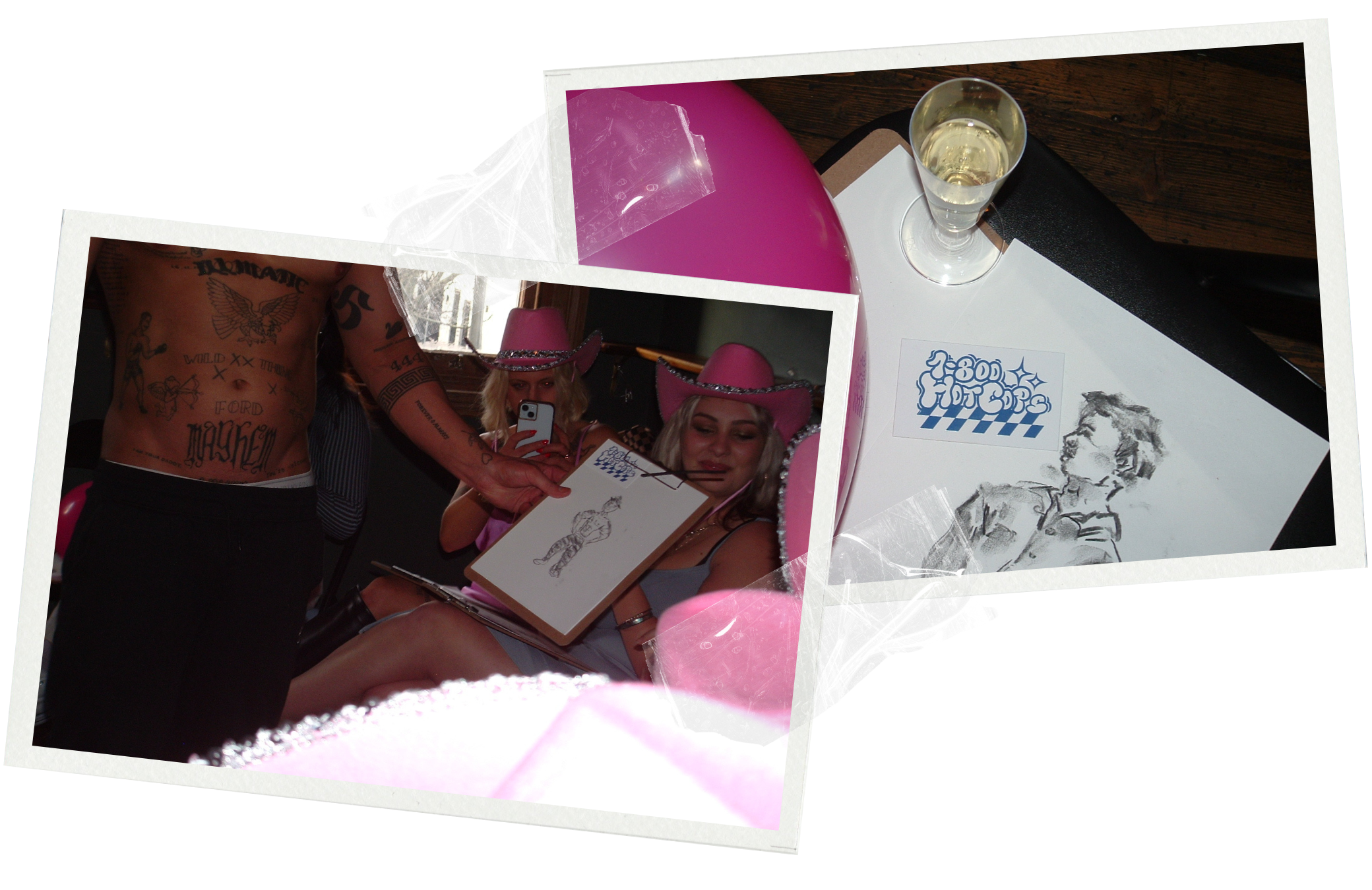 Life drawing model from 1-800 HOT COPS holding up a completed sketch at a hens party life drawing class in the Yarra Valley