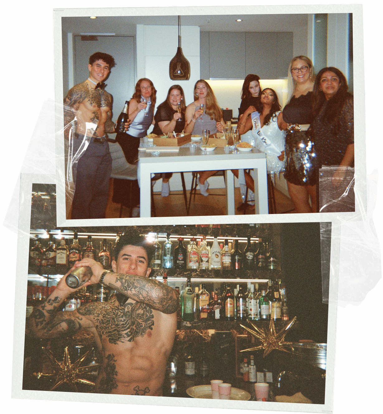 Topless barman in Adelaide shaking cocktails and serving champagne for a happy group of brides and bridesmaids in Adelaide and South Australia