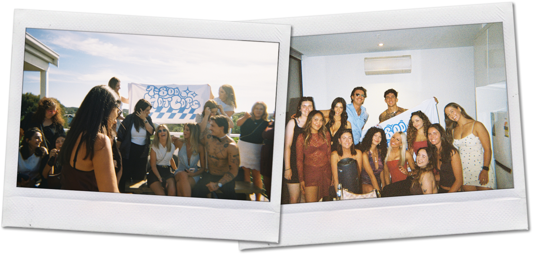 Newcastle hens party entertainment - 1-800 HOT COPS polaroid hero collage featuring male strippers and hens party activities across Newcastle and Lake Mac