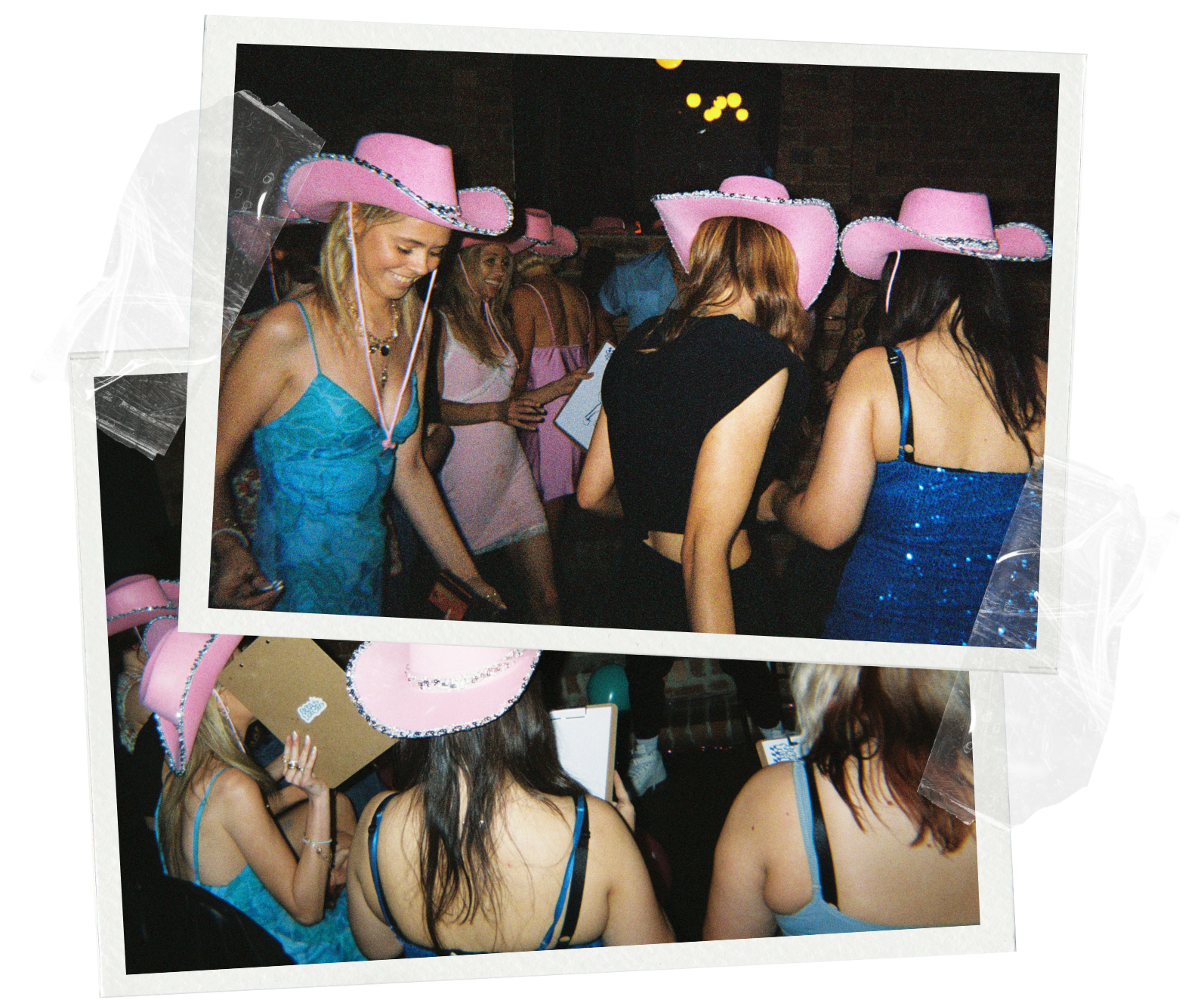 A group of ladies wearing pink cowgirl hats at a life drawing hens party in Toowoomba and holding up their 1-800 HOT COPS branded clipboards