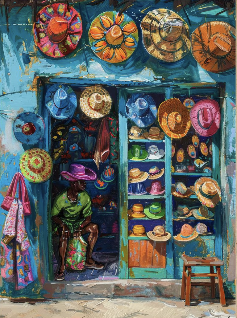 Colorful painting of a hat shop with various hats displayed on the walls and shelves, a shopkeeper seated inside, and a small stool outside.