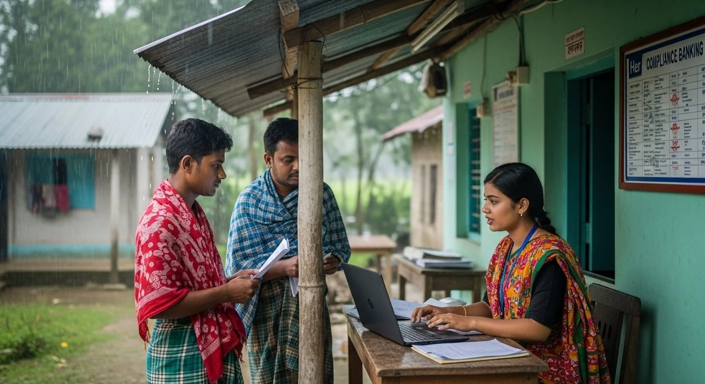 Rural banking office, Bangladesh, monsoon season. Medium shot of young female bank officer in traditional dress explaining compliance procedures to two farmers under a corrugated metal awning.