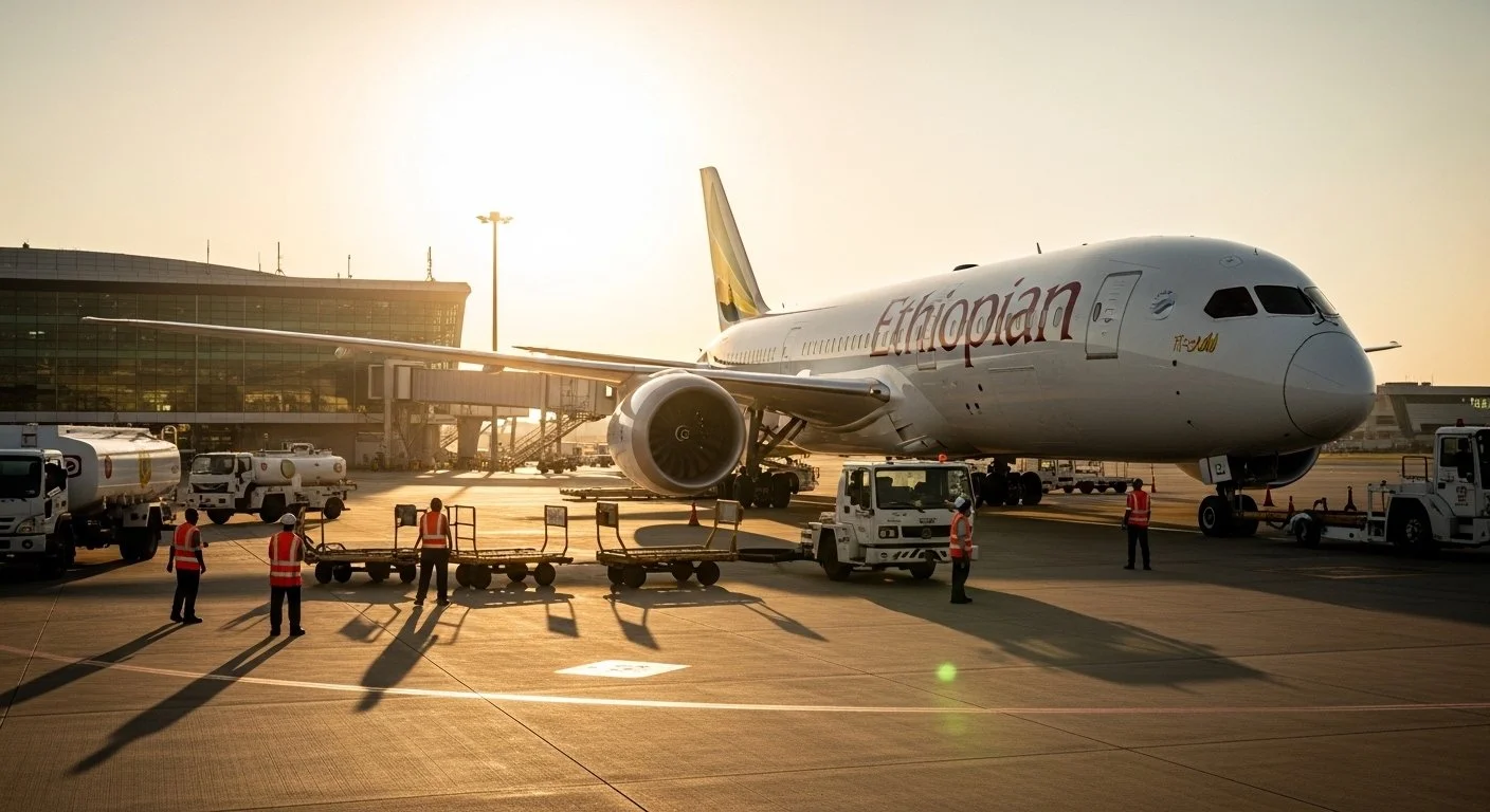A wide shot of an Ethiopian Airlines plane on the tarmac at golden hour, with ground crew in reflective vests.