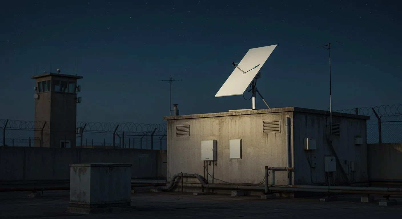 A modern, unbranded satellite internet terminal — a slim, rectangular white panel on a simple tripod stand — mounted on the flat rooftop of a modest industrial building inside a walled compound.