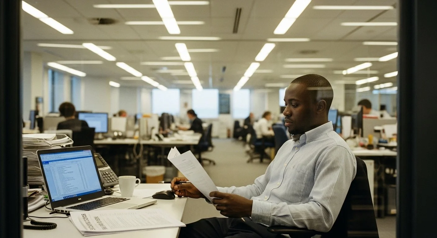 A compliance officer — West African, male, late 30s — in a glass-partitioned office in a mid-tier bank.