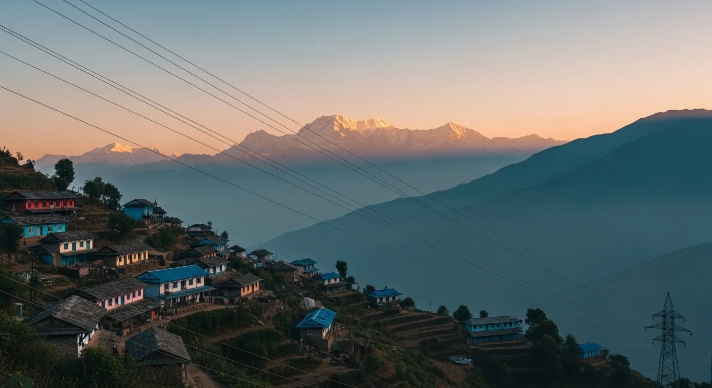 A panoramic shot of a Nepali hillside village. Power lines cut across the sky, but no lights glow in the homes below. The setting sun silhouettes the Himalayas in the distance.