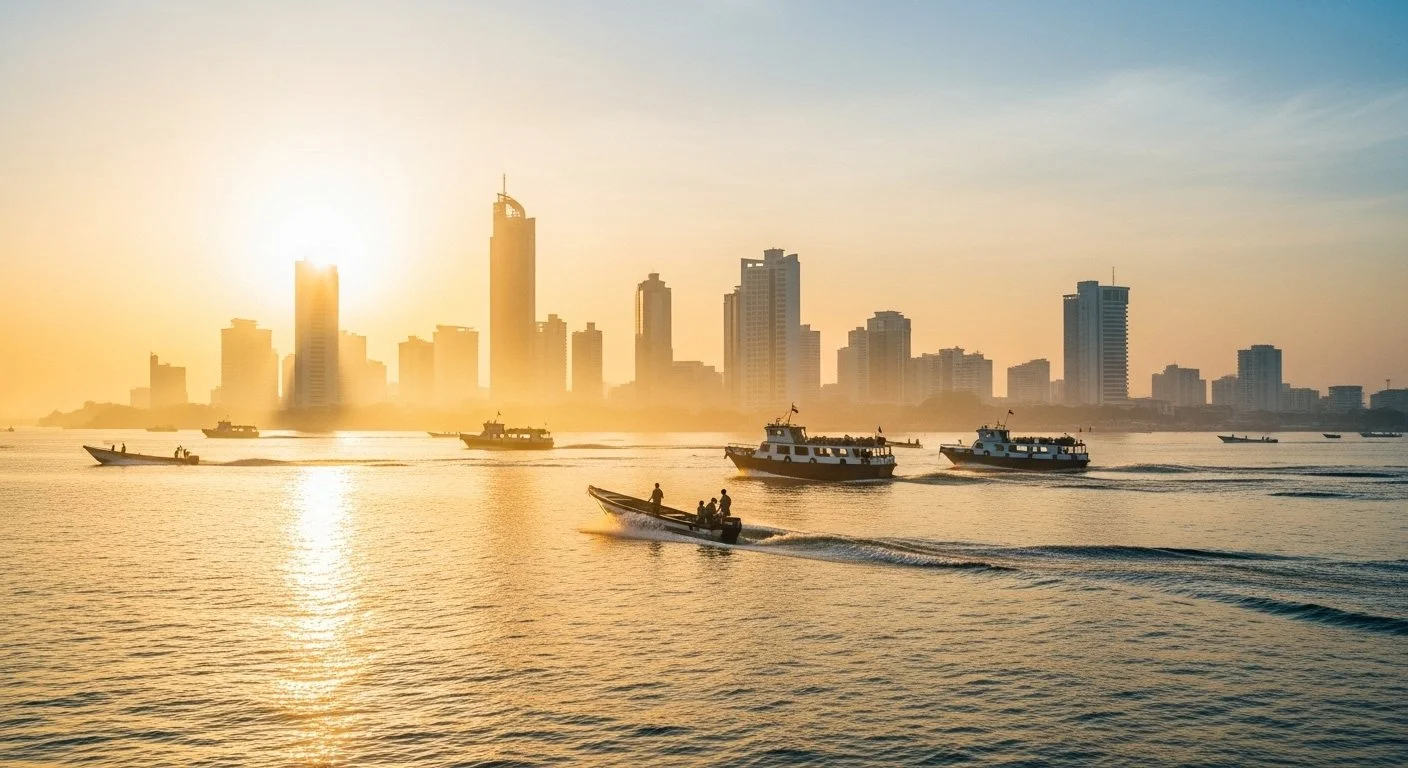 Lagos Island seen from the lagoon side at sunrise. Morning mist catches the light over the skyline while small boats and ferries cross the water in the foreground, their wakes catching gold reflections.
