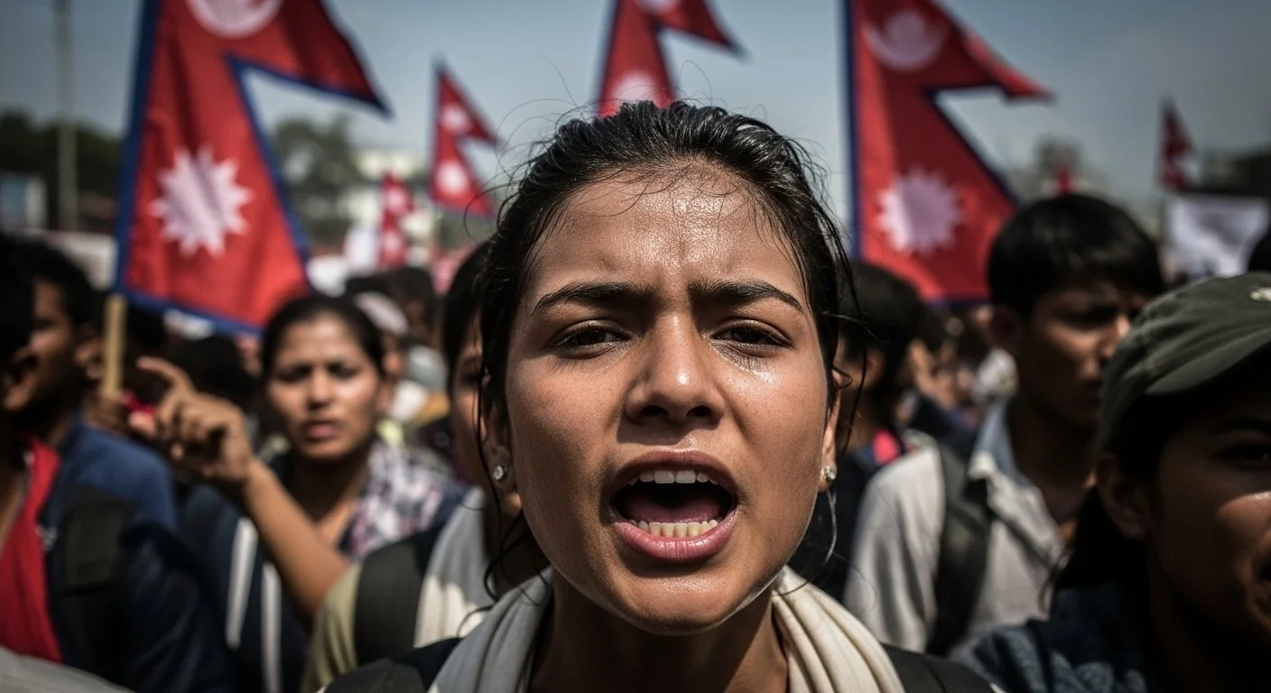 Close-up portrait of a young Nepali protester in a dense march. The foreground shows one determined face, mouth open mid-shout, with blurred flags and other protesters behind.
