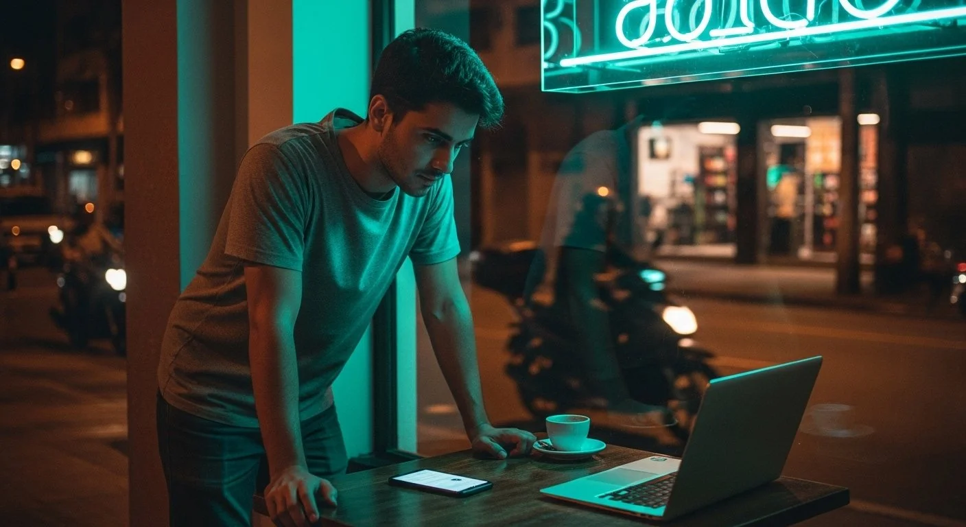 young Brazilian man in a simple T-shirt and jeans leaning over a small café table at night, smartphone on the table facedown next to a laptop and a half-empty coffee cup
