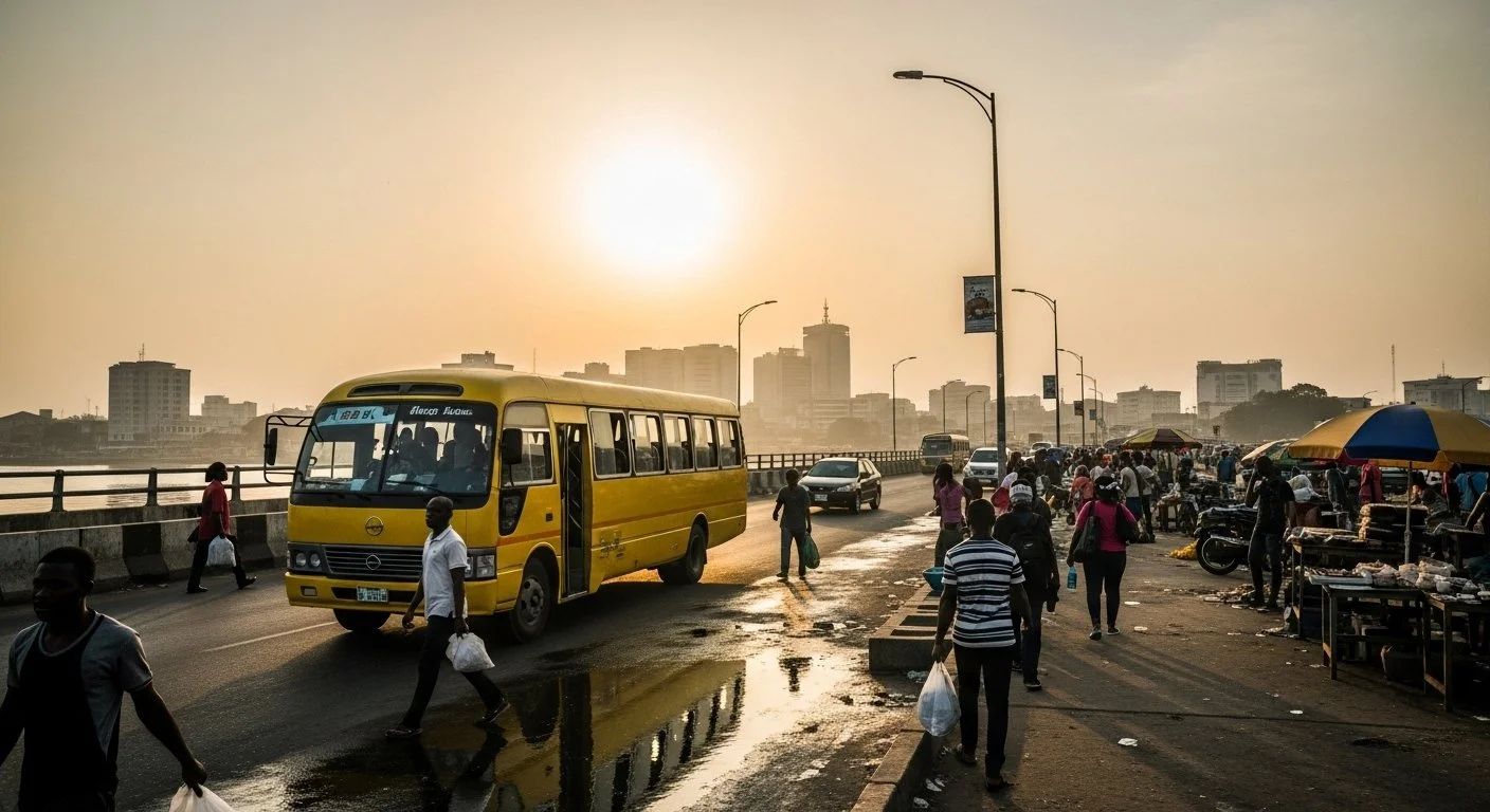 Lagos Island, Nigeria — early morning golden hour light breaking over the skyline from the Third Mainland Bridge. In the foreground, a danfo bus idles near the water with passengers beginning their commute; reflections ripple in the lagoon.