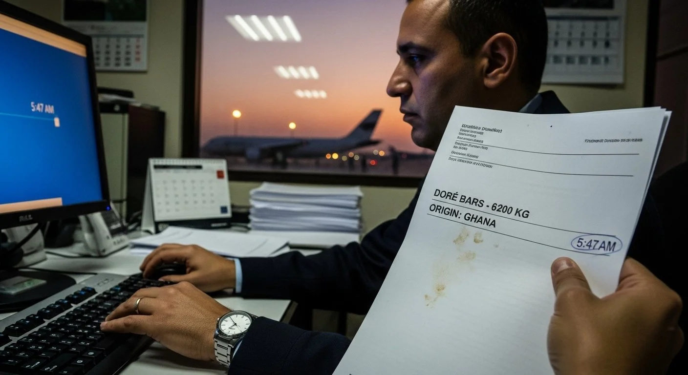 Officials at Cargo Documentation Office, Al Maktoum Airport, pre-dawn, process the paperwork for a gold shipment.