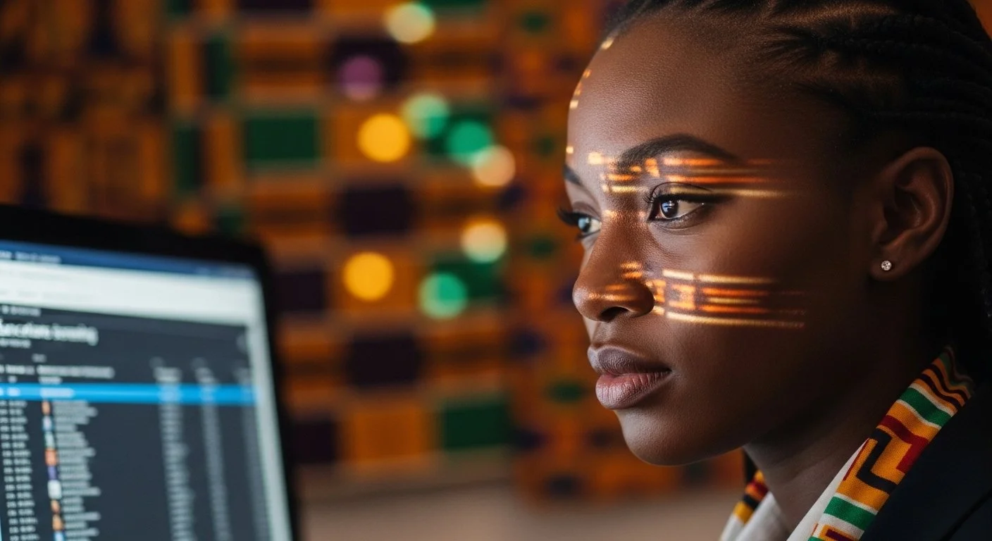 Young Ghanaian compliance officer, traditional kente cloth pattern subtly reflected in her computer screen showing sanctions screening results. Her expression shows focus and determination.