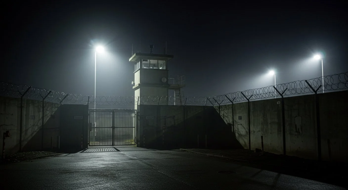 Wide-angle night scene of a fortified compound. A concrete guard tower with a small lookout hut rises above high perimeter walls topped with barbed wire. Bright floodlights cast stark beams across the compound yard