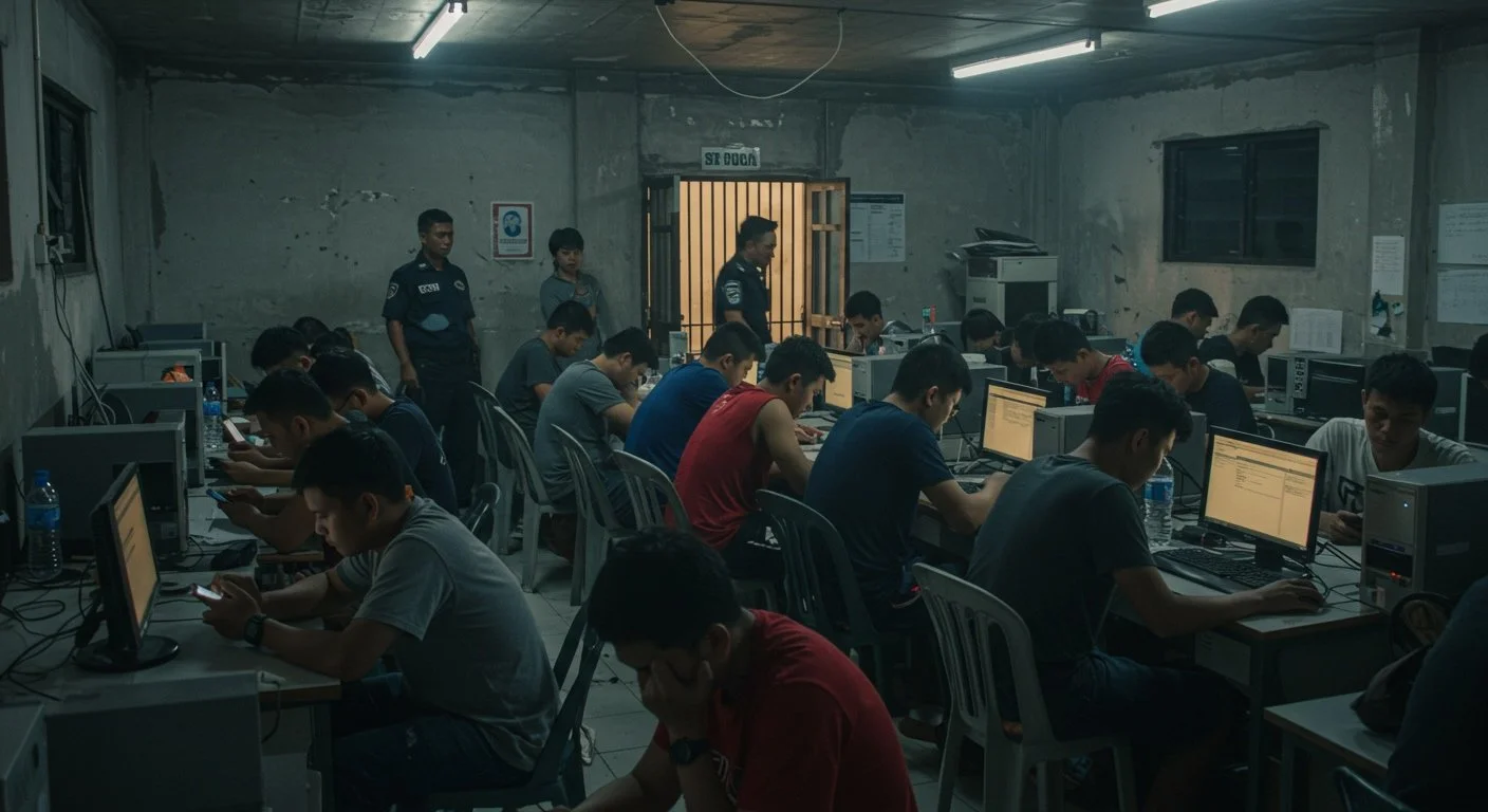 Inside a scam compound where 40 young people work through the night, watched by guards and locked doors.