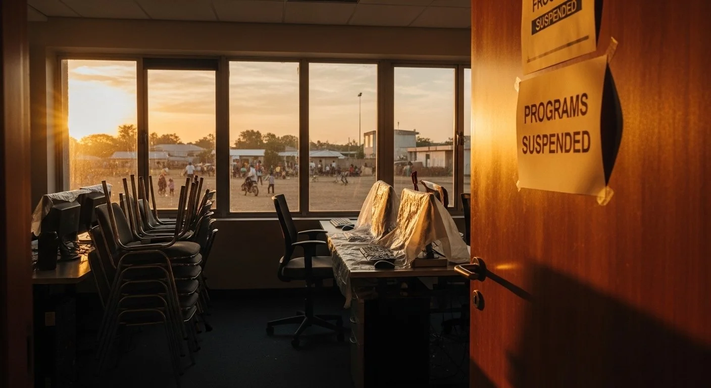an empty NGO office at golden hour - chairs stacked, computers covered, a "Programs Suspended" notice on the door.