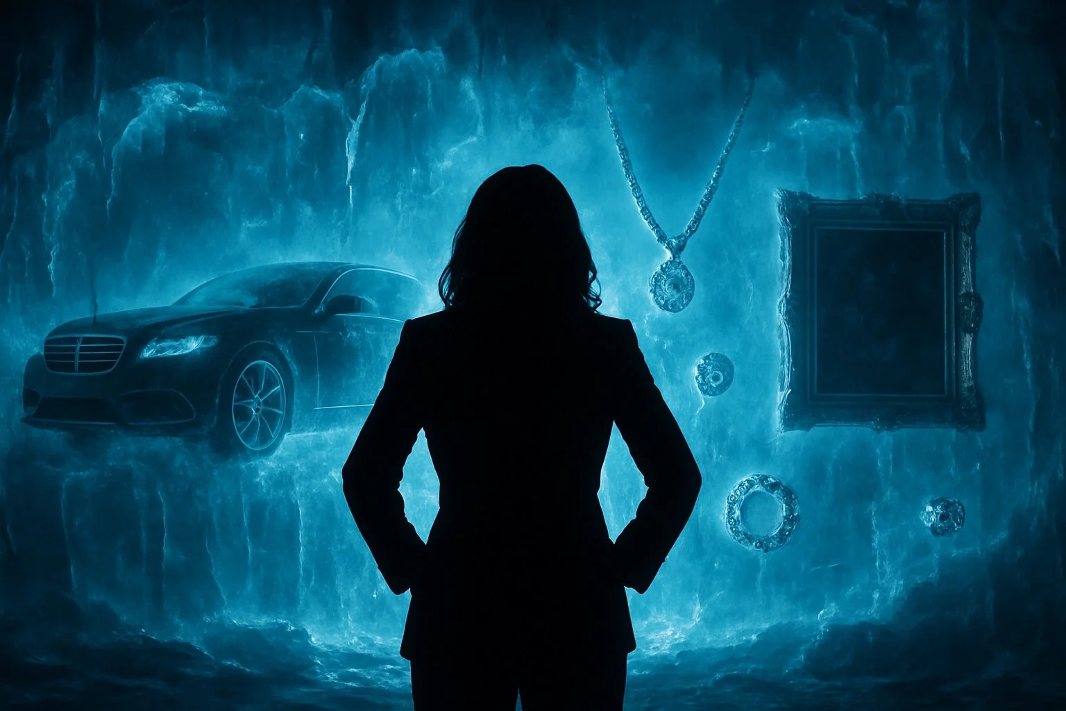 A woman's silhouette standing before a massive wall of ice that's formed around luxury objects - cars, jewelry, art - all frozen mid-motion as if time stopped.