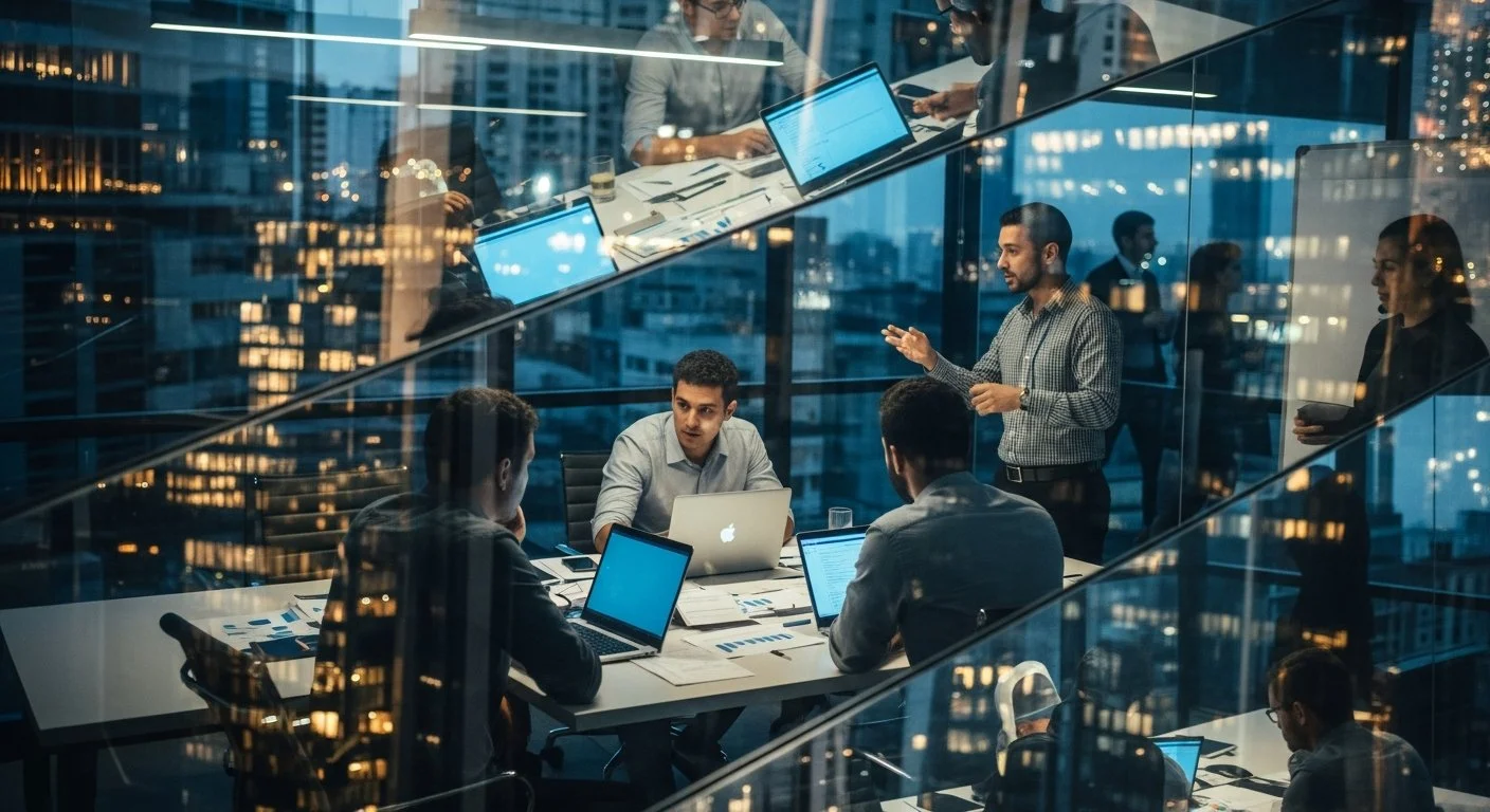 Inside a São Paulo fintech office, shot through a glass conference room wall. Three people around a table covered in documents, laptop screens glowing.