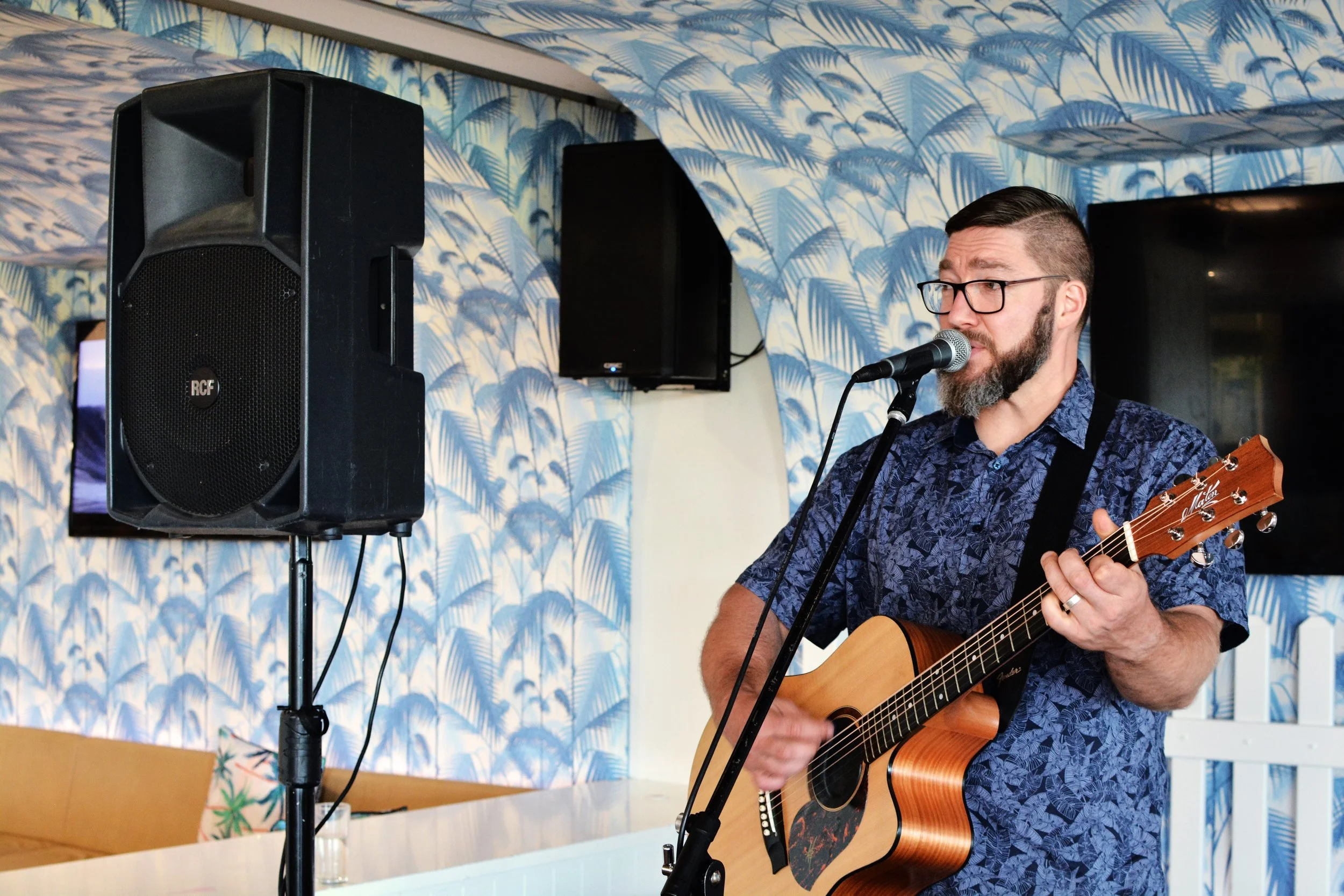 In Adelaide, Jasper C Music with glasses and a beard playing an acoustic guitar and singing into a microphone, standing in front of a blue and white patterned wall.