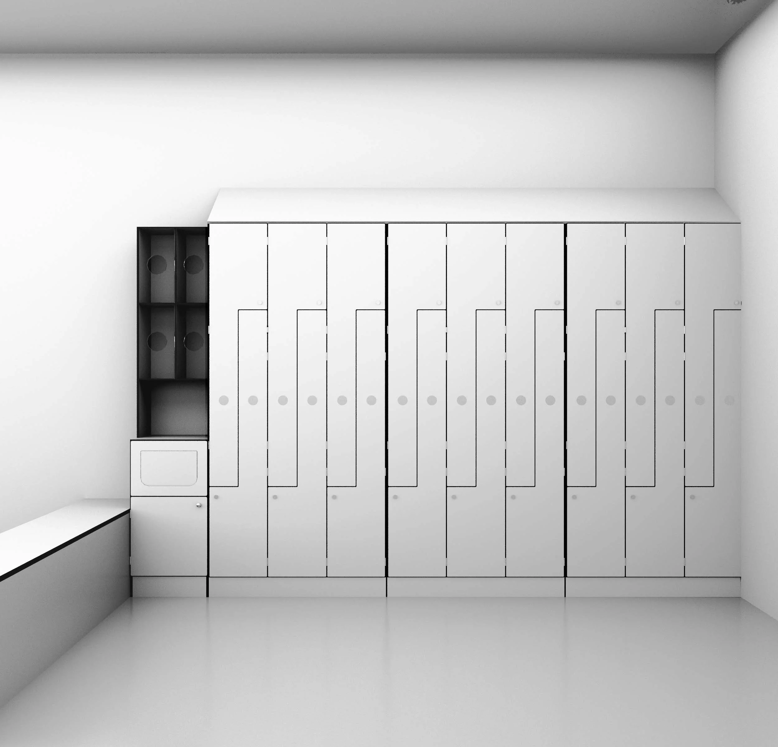 A room with white lockers, a black storage unit with shelves on the left, and a white bench below it.