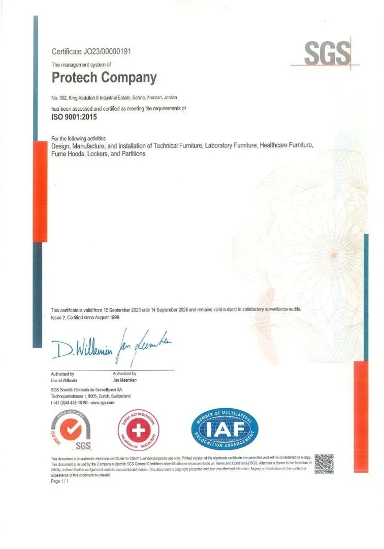 Certificate from SGS for Protech Company, authorizing activities in furniture design and manufacturing, valid from September 15, 2023, to September 14, 2026.