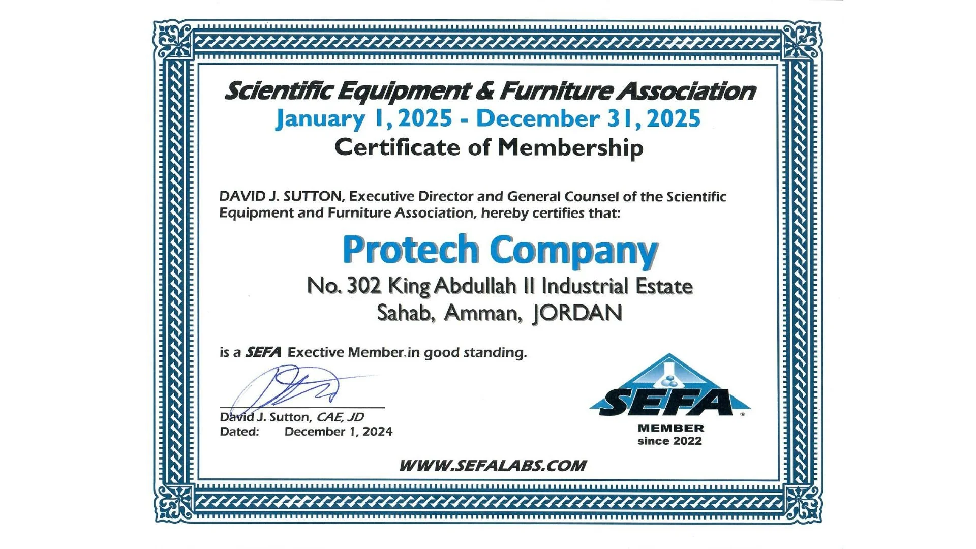 Certificate of membership from the Scientific Equipment & Furniture Association awarded to Protech Company, valid from January 1, 2025, to December 31, 2025. The certificate is bordered in blue with the SEFA logo at the bottom right and signed by David J. Sutton.