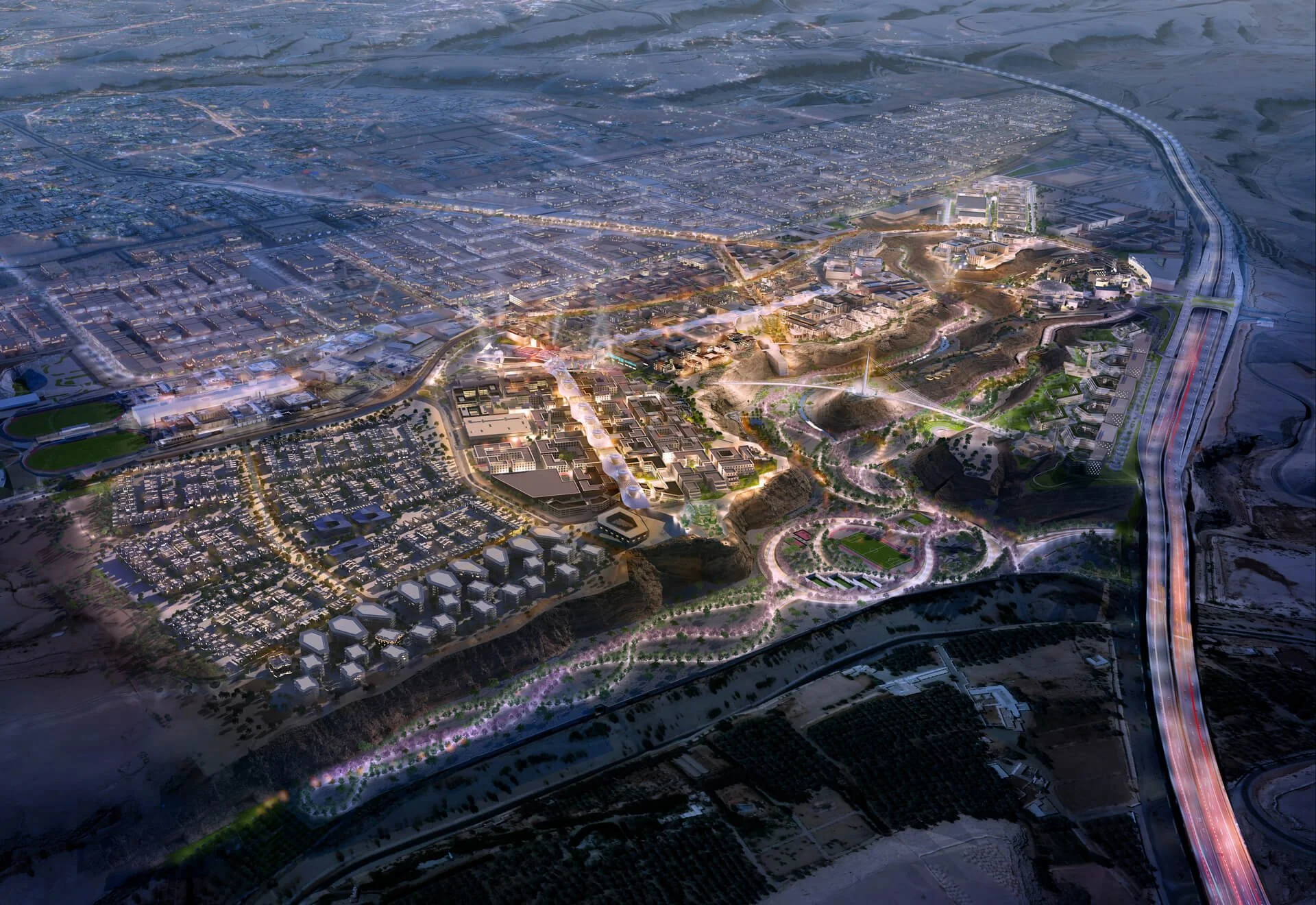 A detailed aerial rendering of a futuristic urban development at night, featuring integrated green spaces, pathways, roads, and various modern buildings illuminated with bright lighting.