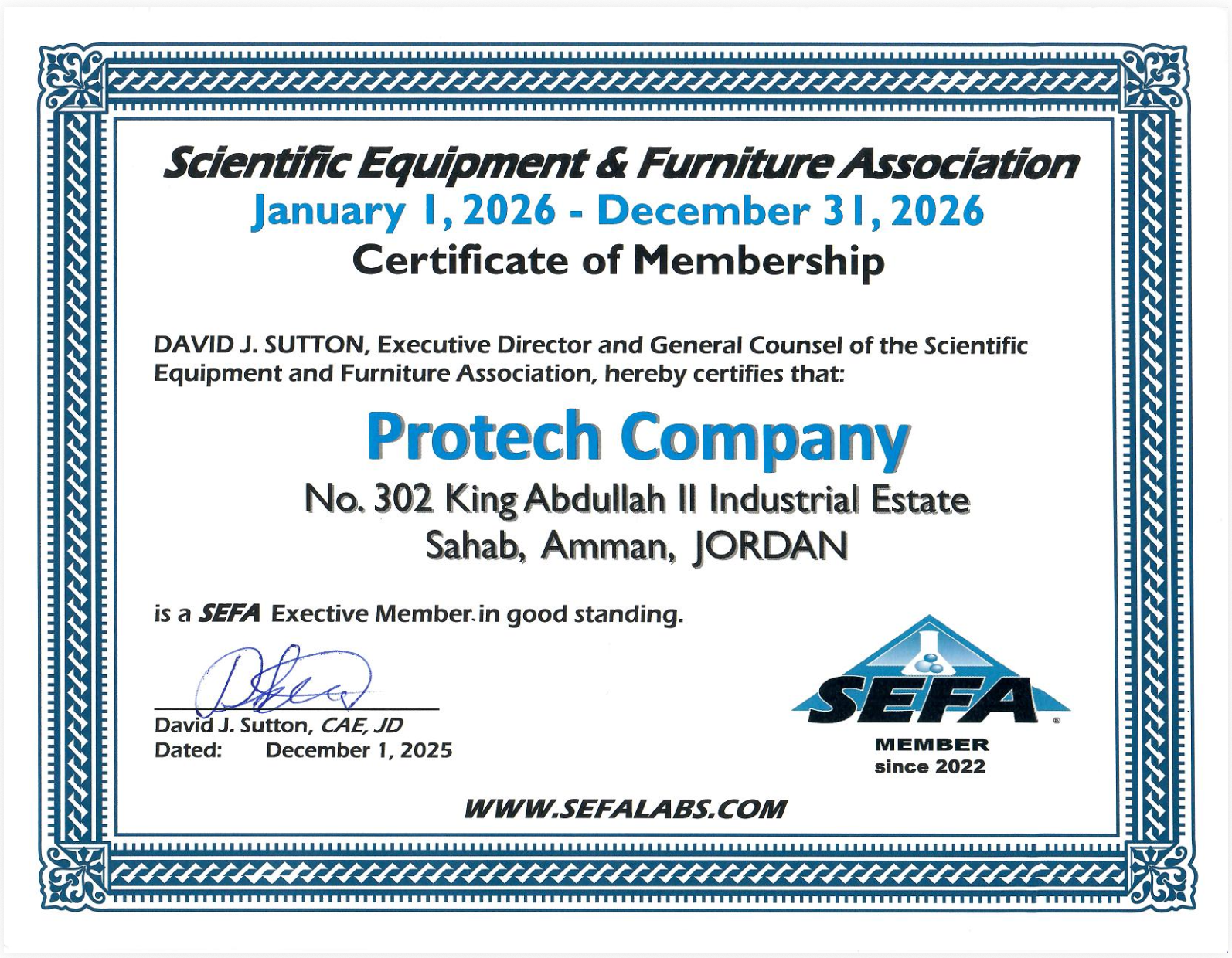 Certificate of membership from the Scientific Equipment & Furniture Association awarded to Protech Company, based in Amman, Jordan, valid from January 1, 2026, to December 31, 2026, featuring a blue border, SEFA logo, and signature.