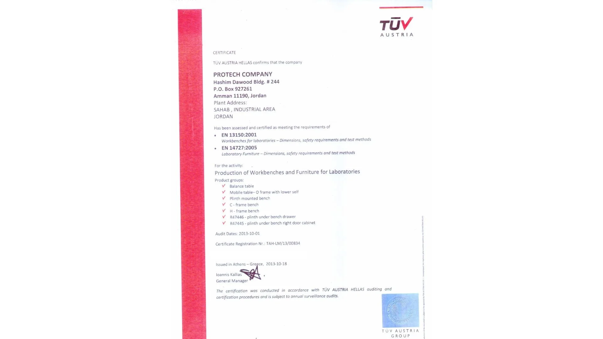 Certification document from TÜV Austria for PROTECH COMPANY, confirming they meet safety and dimension requirements for laboratory furniture production, issued in Greece in 2013.