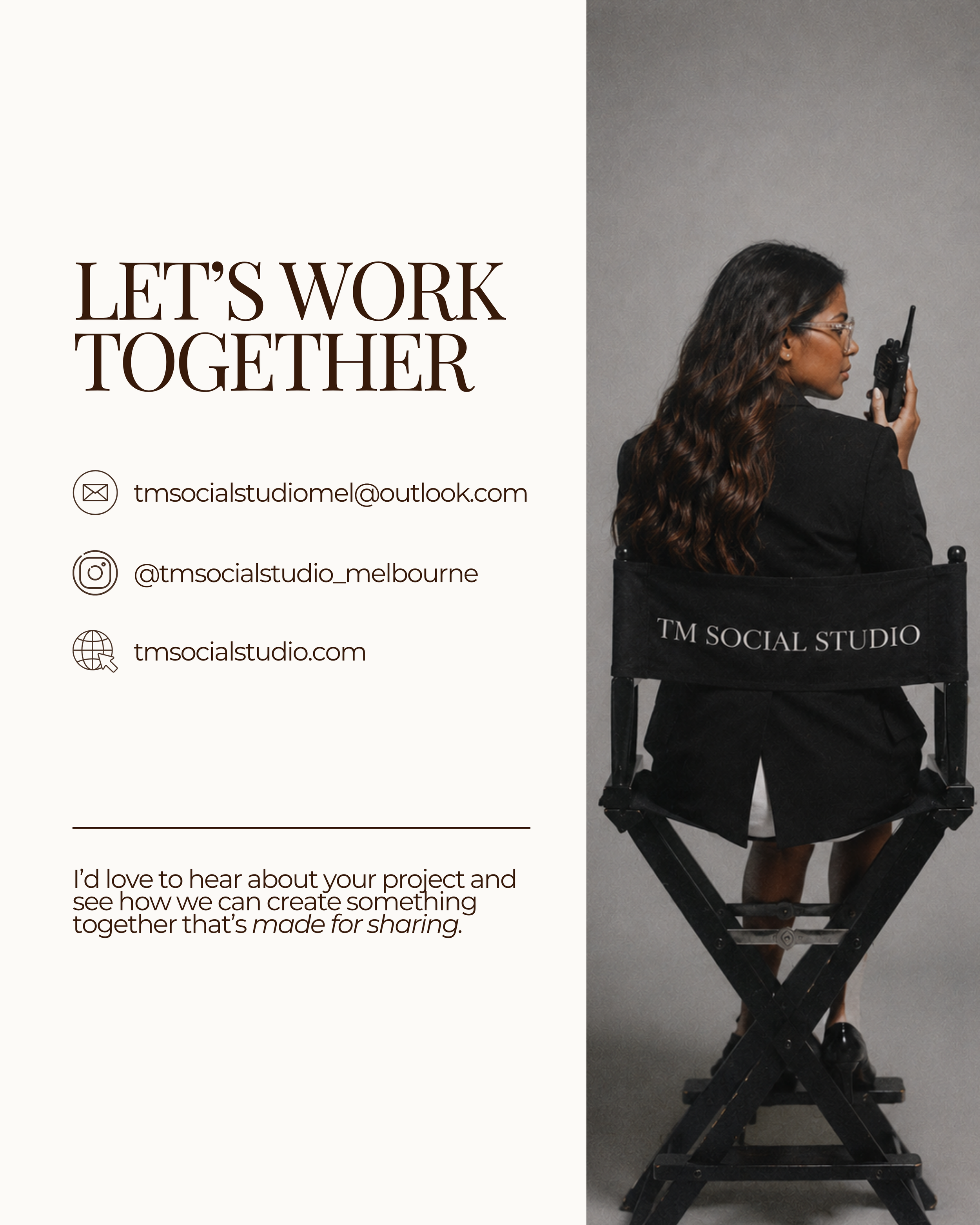 Professional contact page template for marketers and content creators featuring email, website and social media details in an editable Canva portfolio.