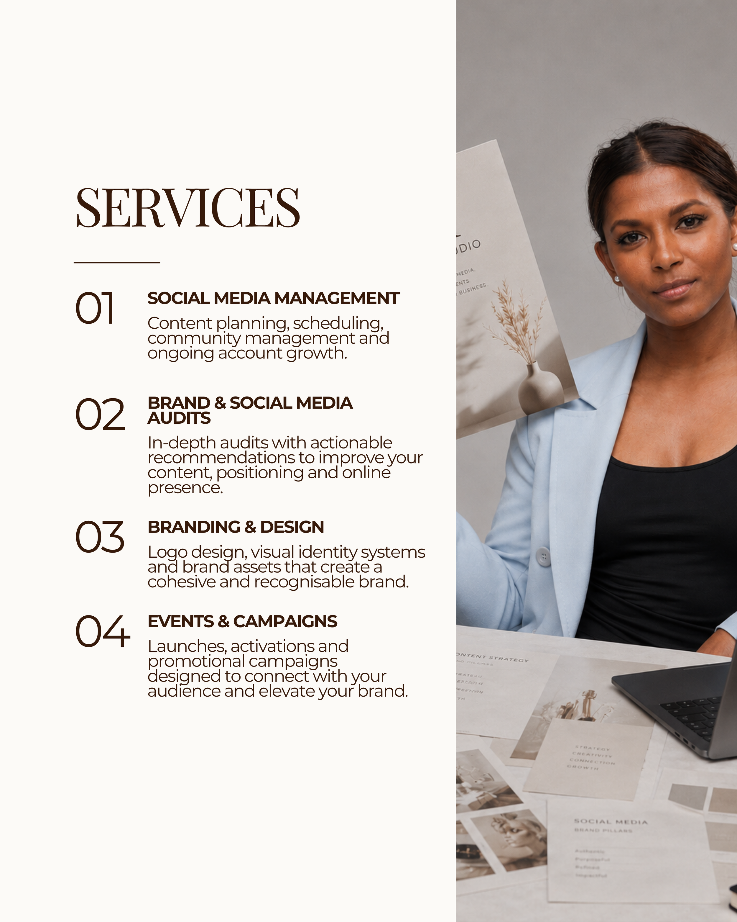 Services portfolio page template displaying social media management, branding, audits and campaign services in a professional Canva portfolio layout.