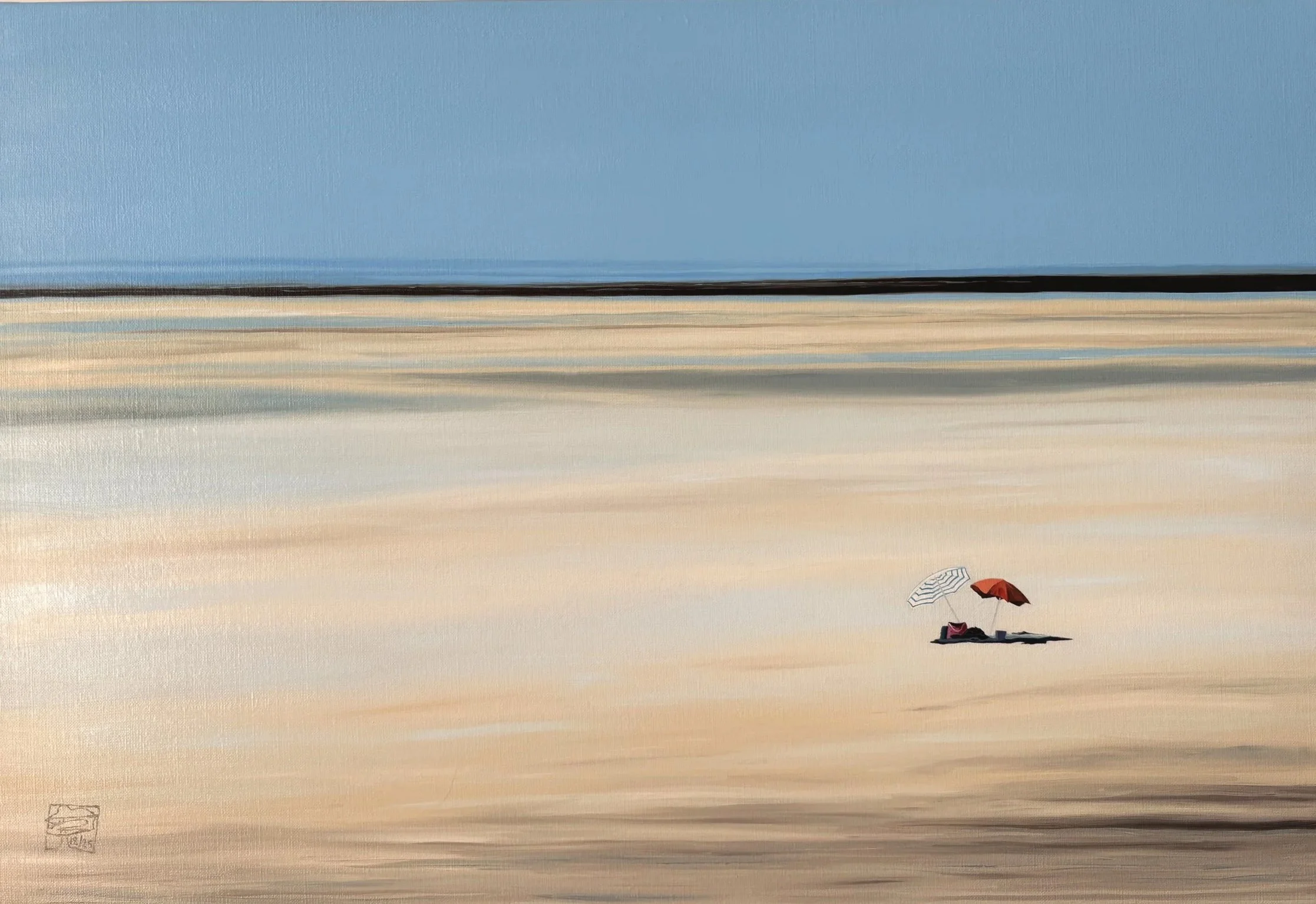 Les deux parasols, seuls... peinture à l'huile Dominique BONNEAU
