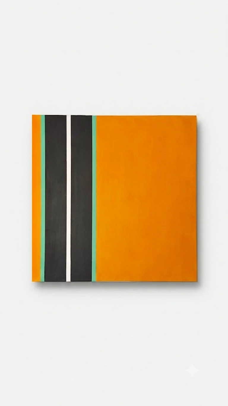 Abstract painting with a large orange section on the right and two black vertical stripes with teal and white borders on the left, displayed on a white wall. Studio Lee Jae